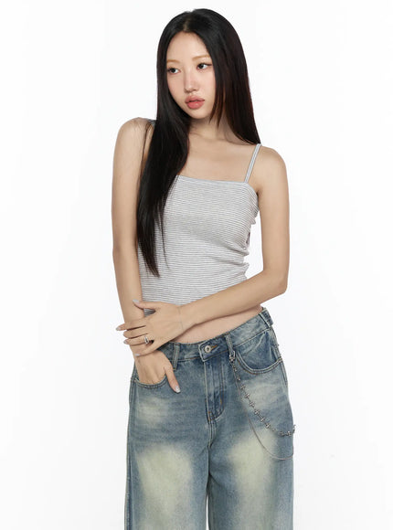 LEWKIN Striped Square Neck Cami CL524 Light gray front view on model wearing S/M size with spaghetti straps and ribbed stripe texture styled with wide-leg jeans