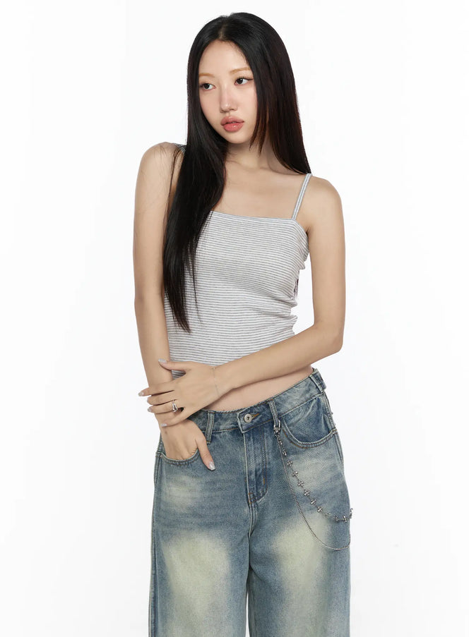 LEWKIN Striped Square Neck Cami CL524 Light gray front view on model wearing S/M size with spaghetti straps and ribbed stripe texture styled with wide-leg jeans