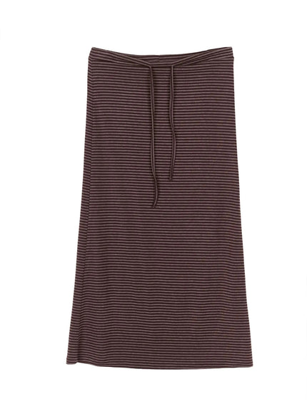 Striped Tie Maxi Skirt IL506 Brown flat-lay front view showing drawstring tie waist detail and brown-black horizontal stripe A-line maxi skirt
