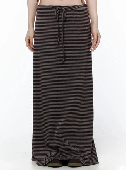 LEWKIN Striped Tie Maxi Skirt IL506 Brown front view on model wearing striped knit maxi skirt with drawstring tie waist, size S/M