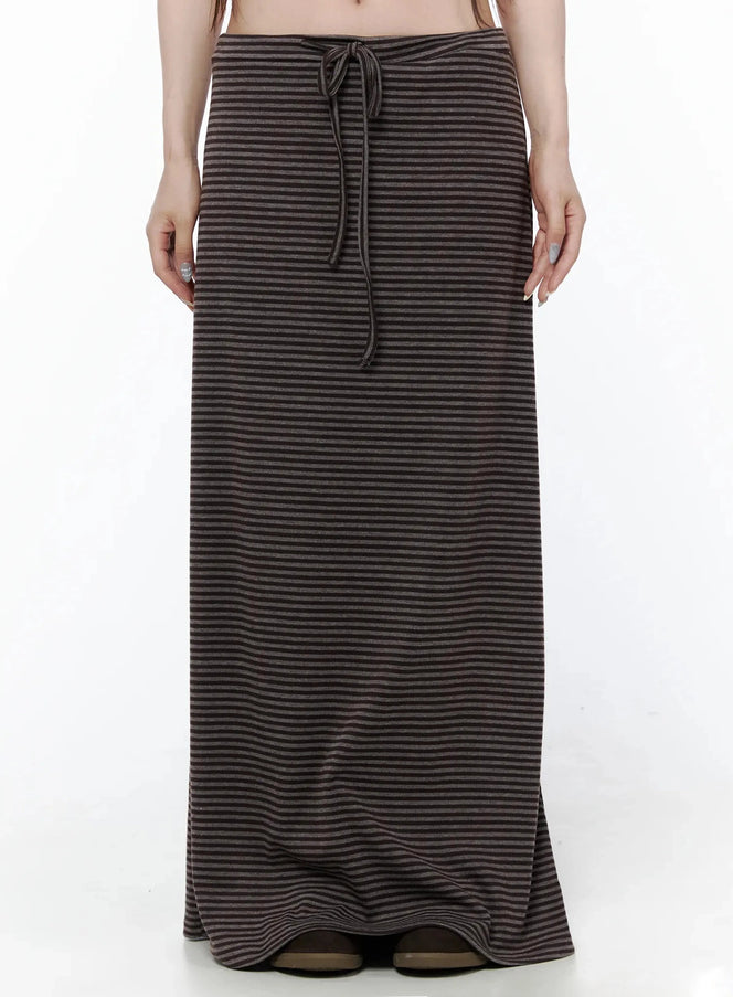 LEWKIN Striped Tie Maxi Skirt IL506 Brown front view on model wearing striped knit maxi skirt with drawstring tie waist, size S/M