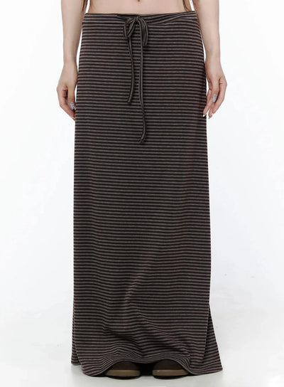 LEWKIN Striped Tie Maxi Skirt IL506 Brown front view on model wearing striped knit maxi skirt with drawstring tie waist, size S/M