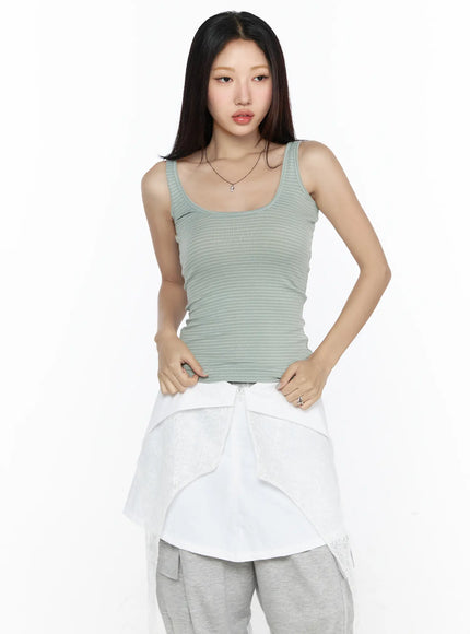 Striped U-Neck Tank Top CL524 in Green, size S/M