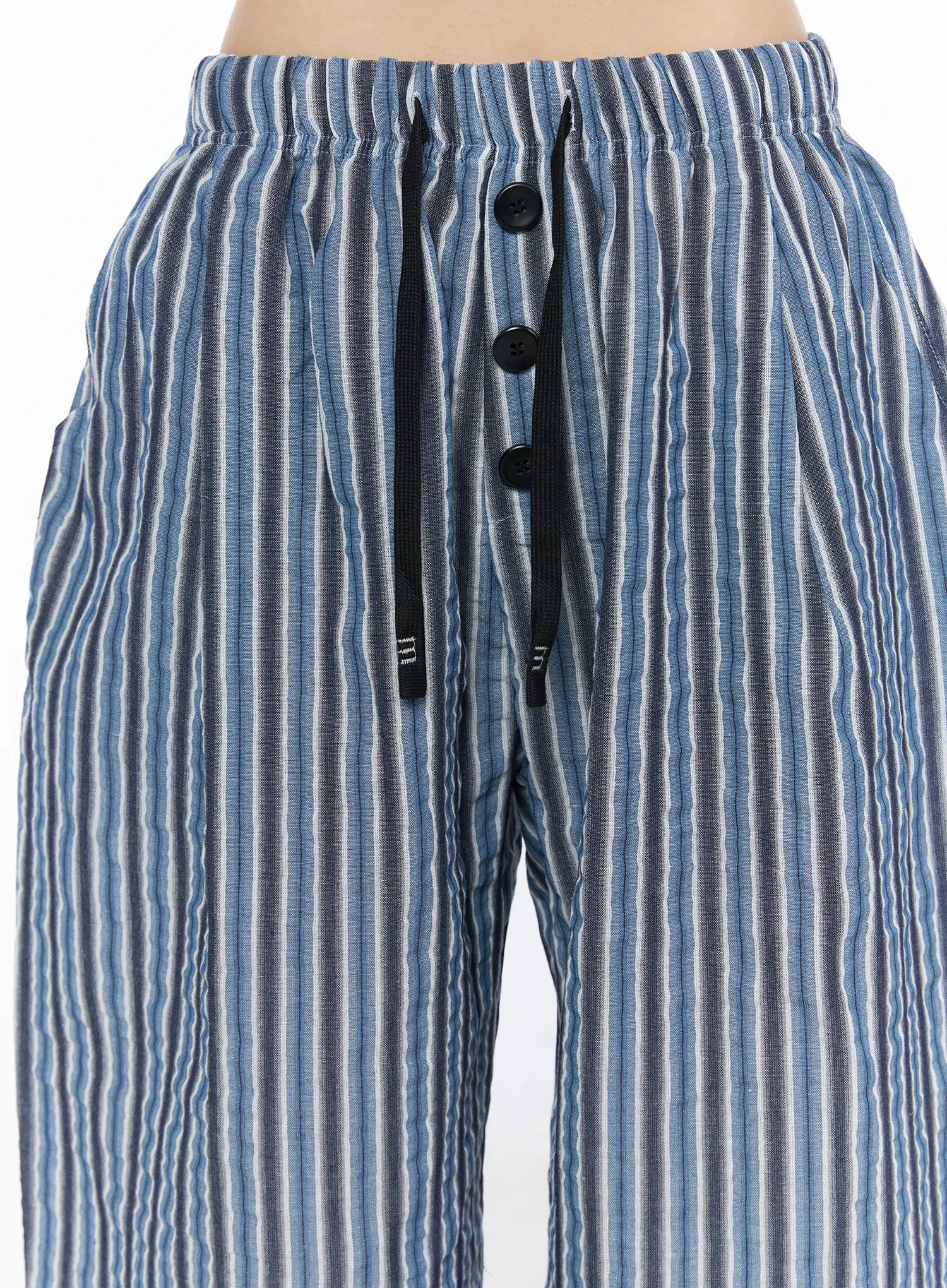 Striped Wide-Leg Trousers CL502 Blue close-up detail of front waistband showing elastic waist three black buttons and black drawstring cord