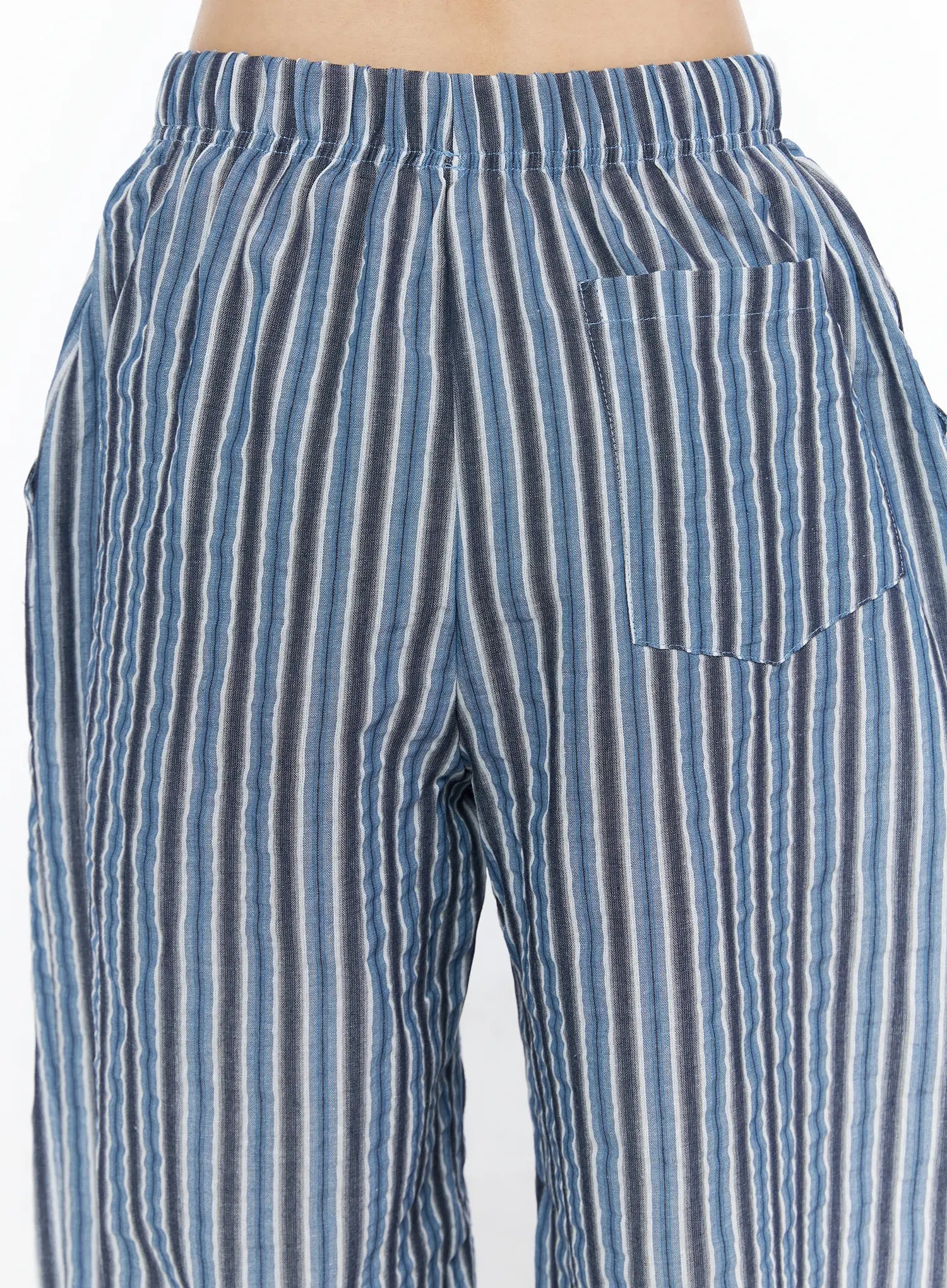 Striped Wide-Leg Trousers CL502 Blue close-up detail of back waistband showing elastic waist single patch pocket and crinkle stripe texture