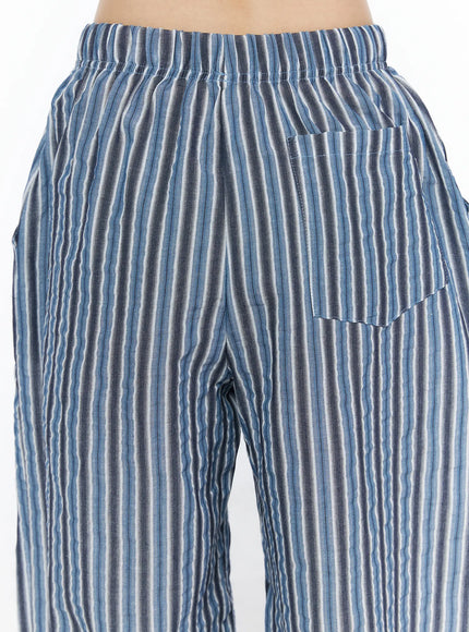 Striped Wide-Leg Trousers CL502 Blue close-up detail of back waistband showing elastic waist single patch pocket and crinkle stripe texture
