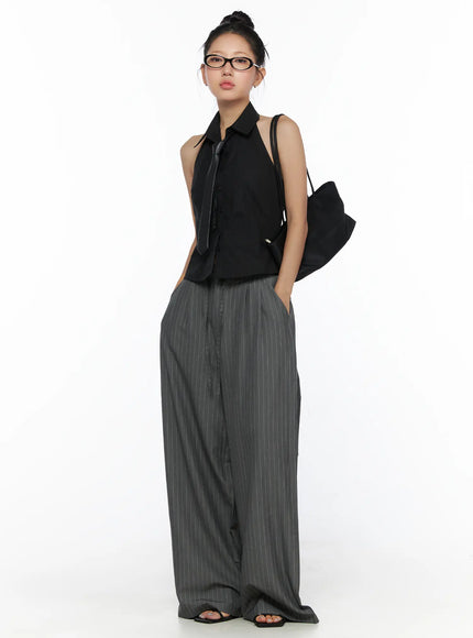 LEWKIN Striped Wide Slacks CL510 gray front full-length model shot styled with black halter top and tote bag, pinstripe wide-leg silhouette