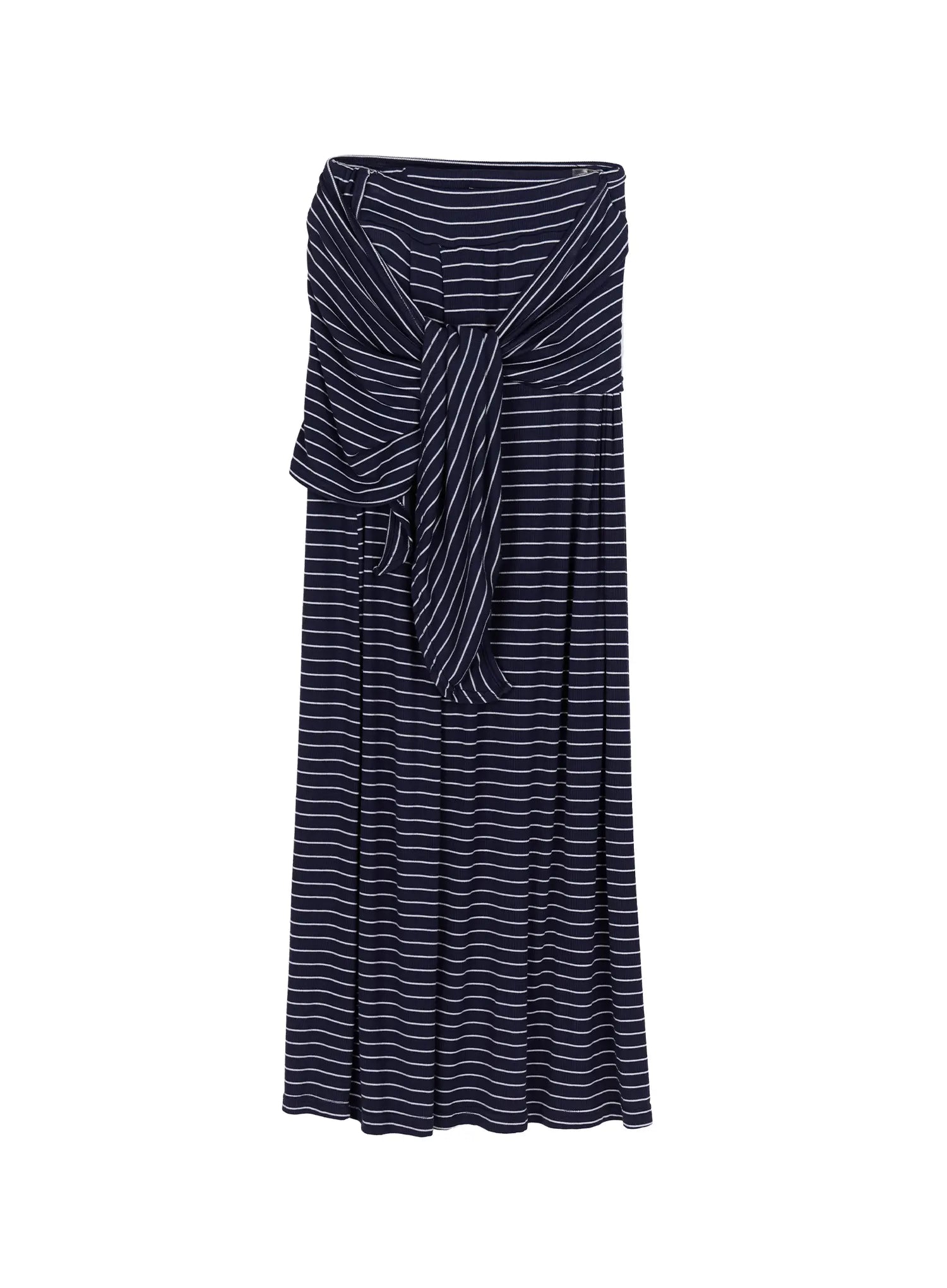 Striped Wrap Maxi Skirt CL502 Navy flat-lay front view showing side-tie knot waistband center pleat seam and white pinstripe pattern on navy ribbed fabric