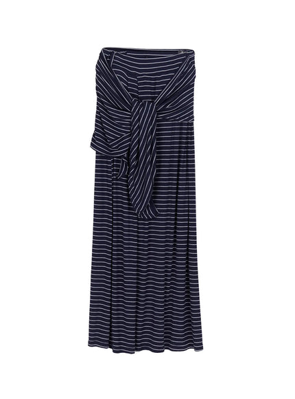 Striped Wrap Maxi Skirt CL502 Navy flat-lay front view showing side-tie knot waistband center pleat seam and white pinstripe pattern on navy ribbed fabric