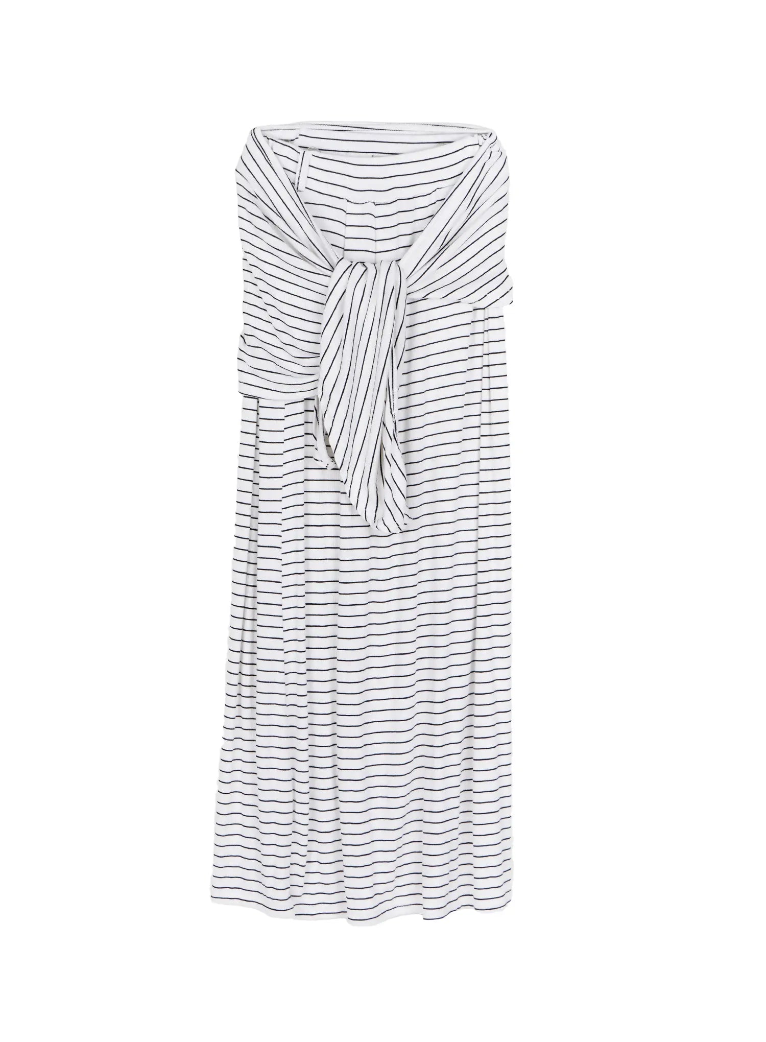 Striped Wrap Maxi Skirt CL502 White flat-lay front view showing side-tie knot waistband center pleat seam and navy pinstripe pattern on white ribbed fabric