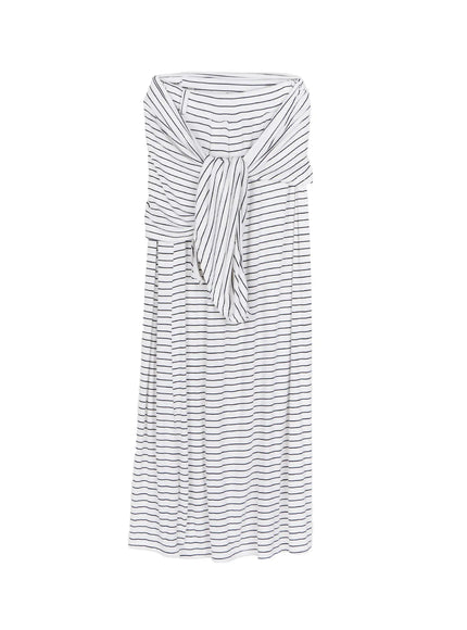 Striped Wrap Maxi Skirt CL502 White flat-lay front view showing side-tie knot waistband center pleat seam and navy pinstripe pattern on white ribbed fabric