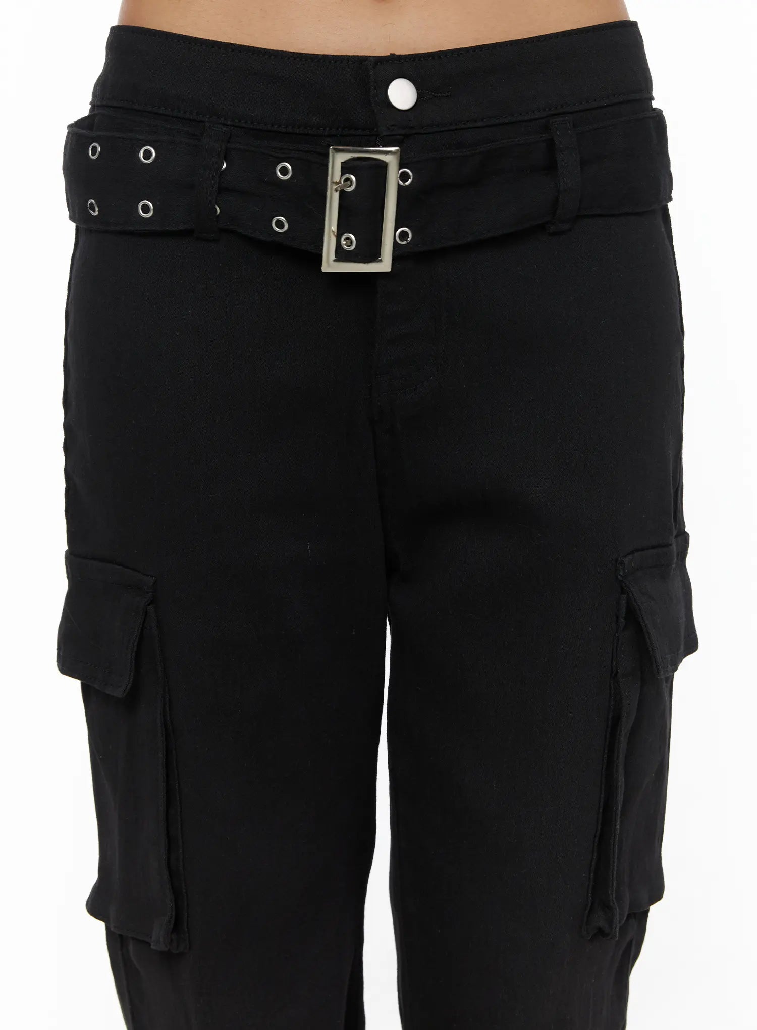 Studded Bootcut Pants CL503 Black detail close-up of waistband showing silver square buckle, double-row grommet belt, and white snap button