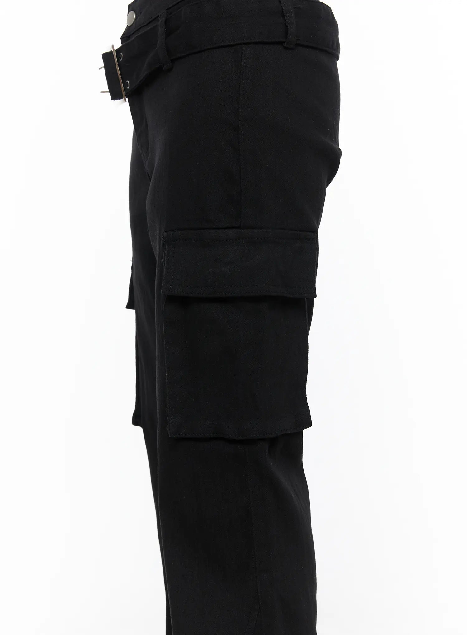 Studded Bootcut Pants CL503 Black side detail close-up of thigh showing large double cargo pocket flap and buckle belt at hip