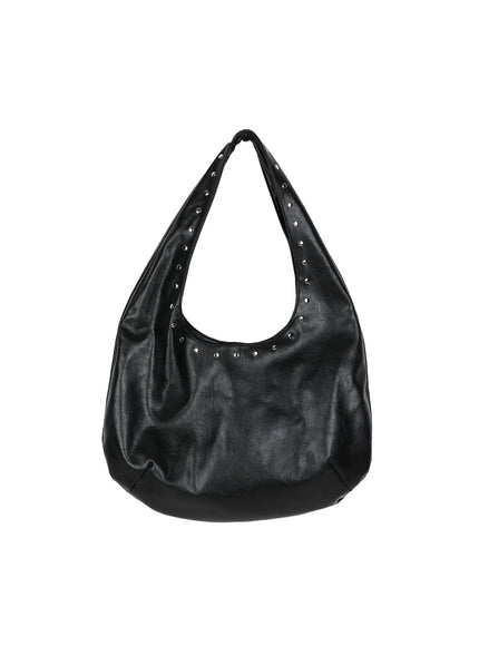Studded Large Hobo Bag CL527 Black flat product front view displaying complete hobo shape with studded single strap and crinkled faux leather body on white background