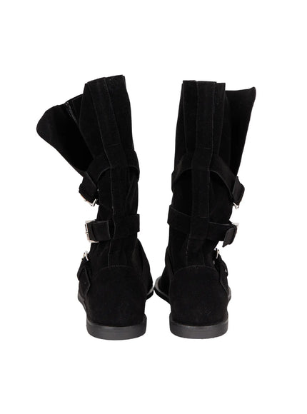 Suede Mid-Calf Boots CU530 Black flat product back view pair showing rear seam suede texture triple buckle strap arrangement and flat black rubber outsole