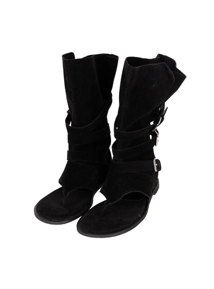 Suede Mid-Calf Boots CU530 Black flat product front view pair showing angled shaft opening triple buckle straps and open toe thong detail on white background