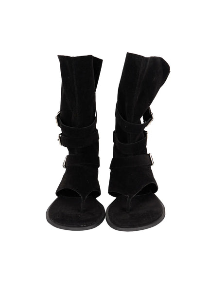 Suede Mid-Calf Boots CU530 Black flat product front view pair upright showing three silver buckle straps toe-ring opening and structured suede calf shaft