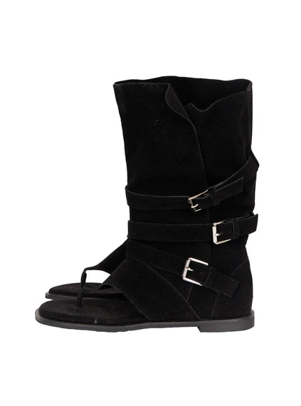 Suede Mid-Calf Boots CU530 Black flat product side view single boot showing full profile of suede shaft three silver buckle straps and flat toe-post sole