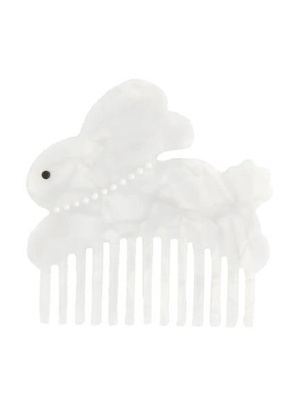 Summer Bang roller comb IL503 White front flat lay showing bunny-shaped marble acetate hair comb with pearl necklace detail and wide teeth