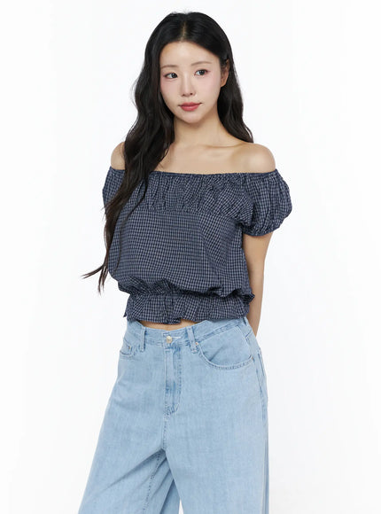 Summer Plaid Off-Shoulder Blouse IU525 in Dark blue, size S/M