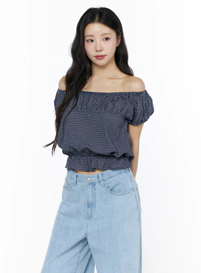 Summer Plaid Off-Shoulder Blouse IU525 in Dark blue, size S/M