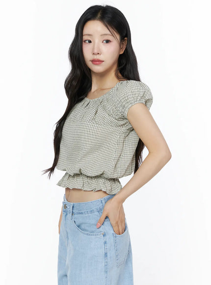 Summer Plaid Off-Shoulder Blouse IU525 in Light beige, size S/M