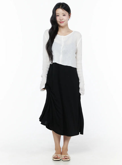 Summer Ribbed Crop Cardigan IU525 White full-body front shot on model smiling styled over black flowy midi skirt with strappy flat sandals
