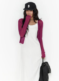 LEWKIN Summer Sheer Crop Cardigan CL510 Purple S/M front shot on model wearing black cap and white maxi dress, sheer ribbed knit with button front