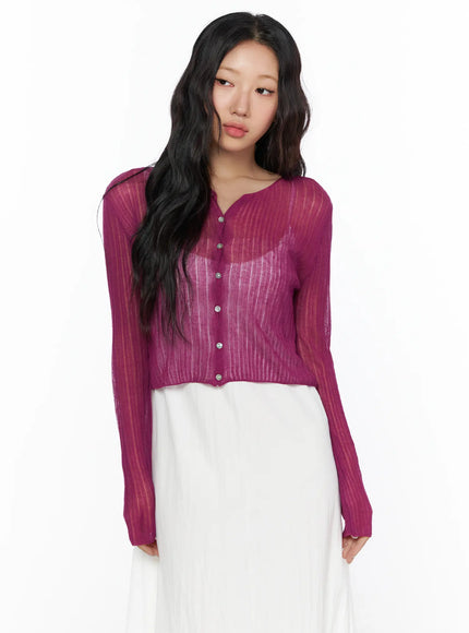 Summer Sheer Crop Cardigan CL510 Purple close-up front shot on model showing sheer ribbed knit texture, button placket and notch neckline detail