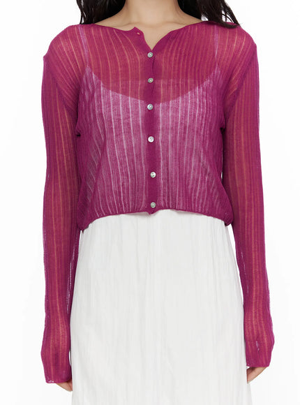 Summer Sheer Crop Cardigan CL510 Purple detail close-up front on model showing semi-transparent ribbed fabric and silver button closure
