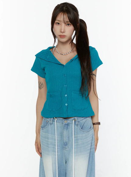 Summer Short Sleeve Hooded Knit Cardigan CL507 in Blue, size S/M