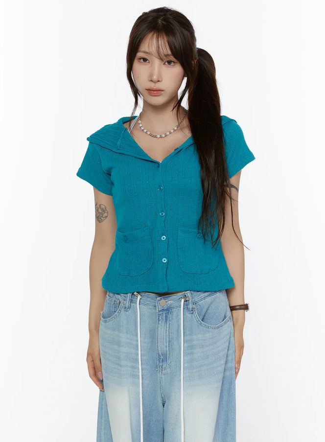 Summer Short Sleeve Hooded Knit Cardigan CL507 in Blue, size S/M