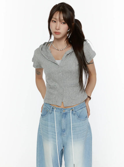 Summer Short Sleeve Hooded Knit Cardigan CL507 in Gray, size S/M