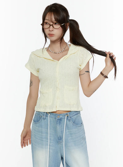 LEWKIN Summer Short Sleeve Hooded Knit Cardigan CL507 Yellow close-up front shot on model in twintails wearing glasses, pointelle knit texture with button placket and dual patch pockets