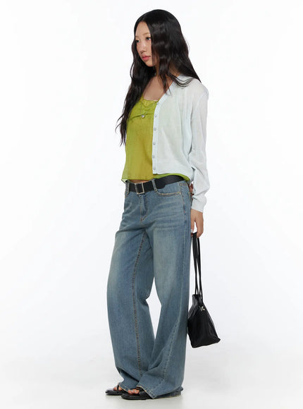 Summer V-Neck Cardigan CL510 Light gray side shot on model full-length view carrying black bag layered over yellow-green camisole with wide-leg denim