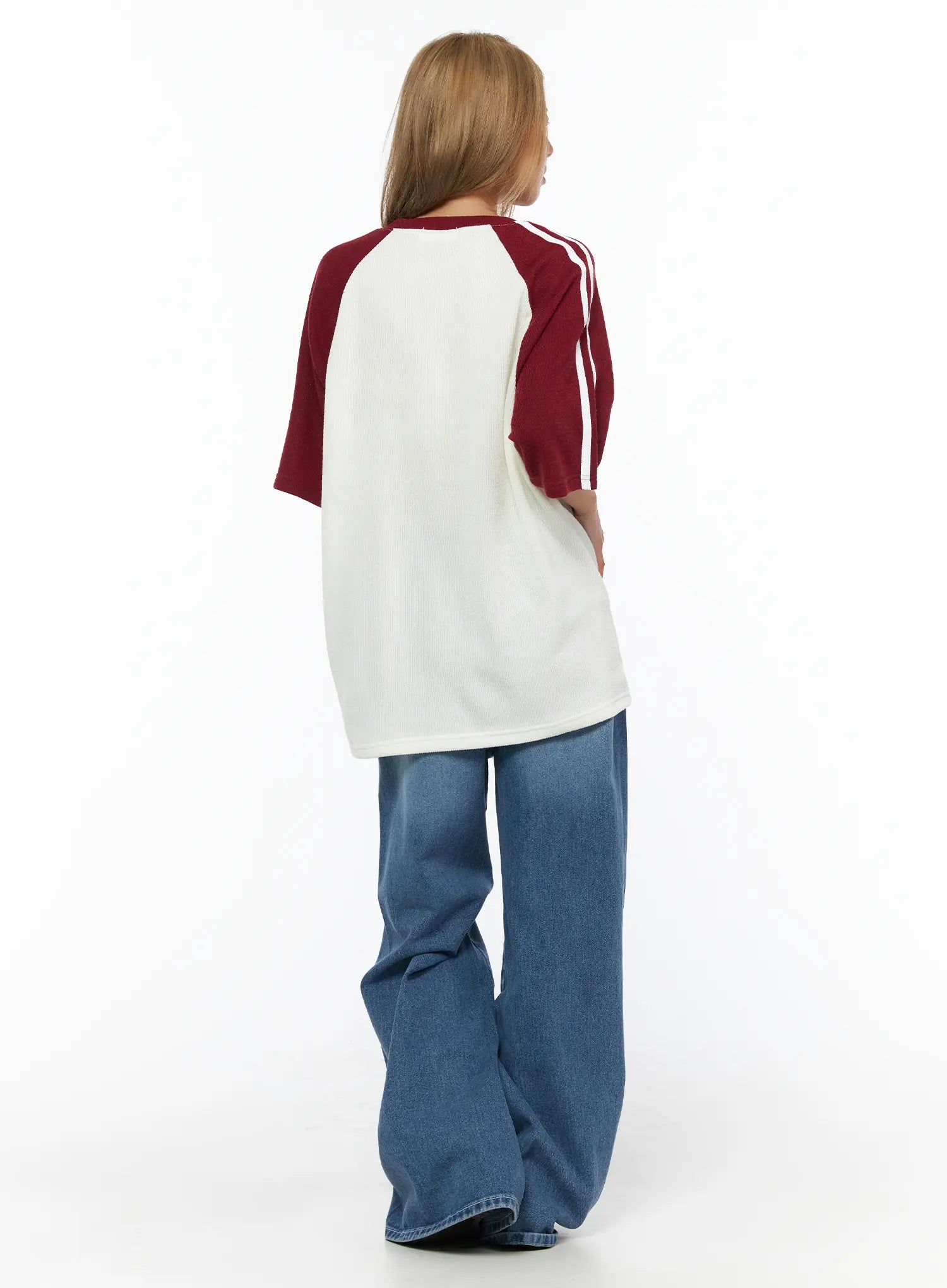 Suna Washed Wide Leg Jeans CU523 Blue back full-length shot on model showing wide hem pooling at ankle and washed blue denim