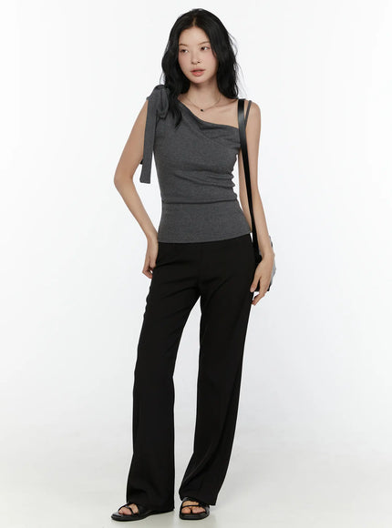 LEWKIN Tailored Flare Trousers CL521 Black full-length front styling shot on model wearing grey top and black sandals