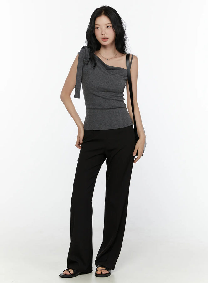 LEWKIN Tailored Flare Trousers CL521 Black full-length front styling shot on model wearing grey top and black sandals