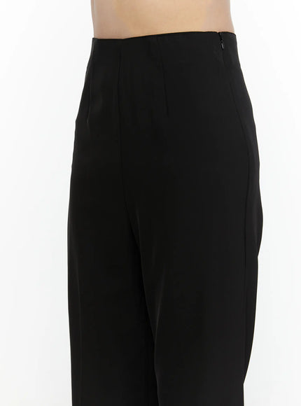 Tailored Flare Trousers CL521 Black close-up detail of high-rise waistband and side zipper closure on model
