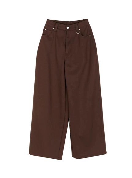 Tailored Wide Leg Sweatpants IL509 Brown flat-lay front view showing full silhouette, silver snap button, D-ring, slash pockets, and wide-leg trouser shape
