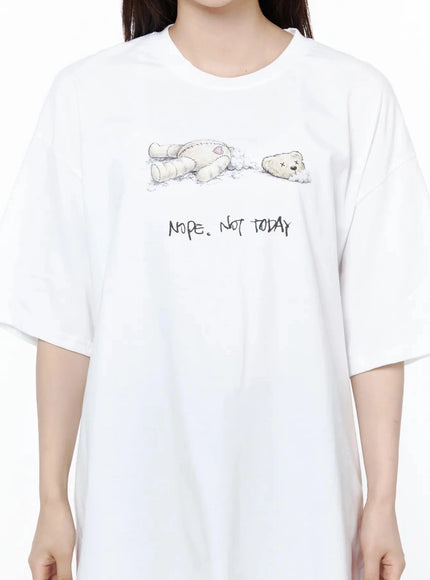 Teddy Graphic Oversize T-Shirt IL506 White close-up front detail worn on model showing broken teddy bear illustration and NOPE NOT TODAY text print