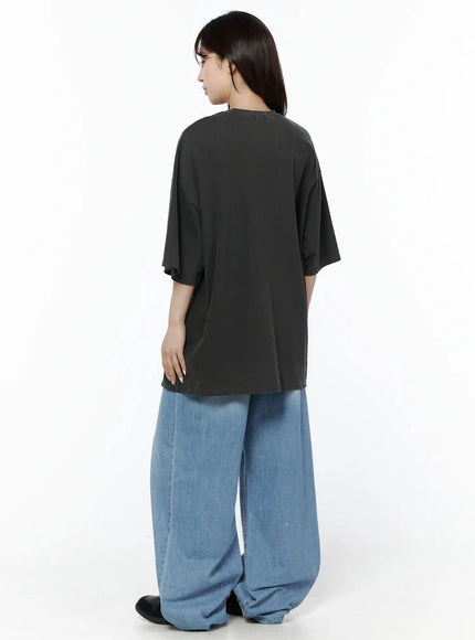 Teo Wide Leg Jeans IL506 Blue back shot on model styled with dark oversized tee, showing plain back of wide-leg denim with clean silhouette