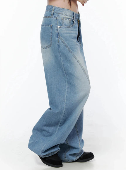 Teo Wide Leg Jeans IL506 Blue side shot on model, full-length profile view showing curved seam line, back pocket, and extreme wide leg volume