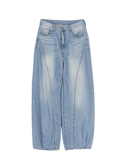 Teo Wide Leg Jeans IL506 Blue flat-lay front view, full-length, showing curved panel seams, five-pocket construction, and wide ballooned leg hem