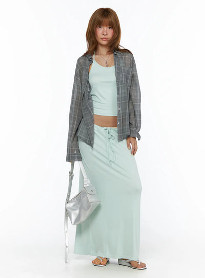 LEWKIN Tie-Waist Maxi Skirt CL503 Mint front shot on model styled with grey plaid overshirt and silver bag, ribbed low-rise drawstring waistband