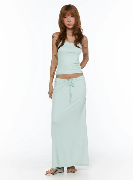Tie-Waist Maxi Skirt CL503 Mint front full-length shot on model wearing matching mint tank top, low-rise drawstring waist and maxi length