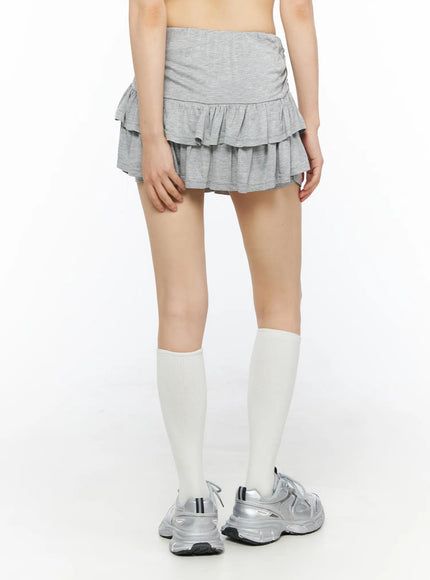Tiered Flare Mini Skirt CU530 Gray back shot on model wearing white knee socks and silver sneakers, smooth back waistband with double-tier ruffle hem