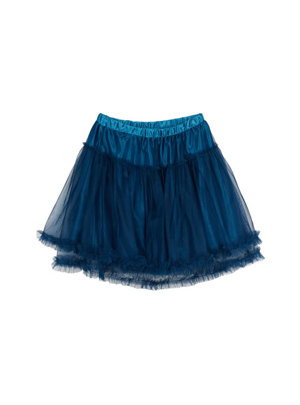 Tulle Frill Hem Midi Skirt CL514 dark teal flat-lay shot, elastic satin waistband with tiered sheer tulle body and double ruffle frill hem, full skirt silhouette