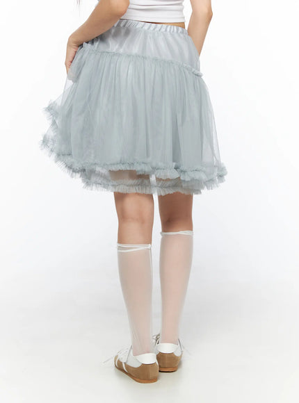 Tulle Frill Hem Midi Skirt CL514 Light blue back shot on model standing, voluminous layered tulle with double ruffle hem, paired with white knee-high socks