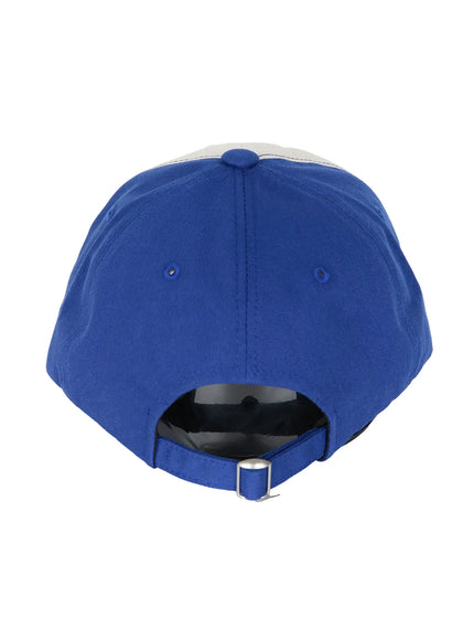 Two-Tone Graphic Cap IL515 Blue back flat shot, rear view showing royal blue crown panels and silver slide buckle adjuster strap on white background